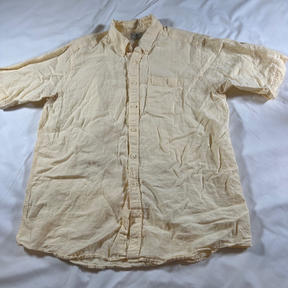 LL Bean Mens Short Sleeve Linen Button Down Shirt Yellow Large LG-REG 0KQ81